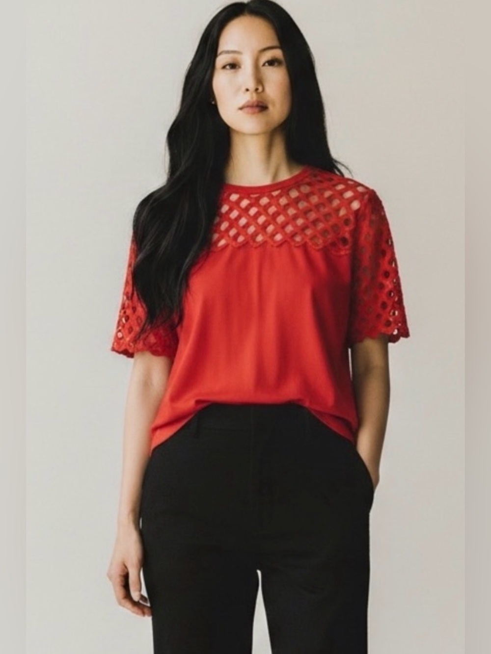 Sandro Edge Red Lace Openwork Blouse NWT Size 2 US 6 E10416E